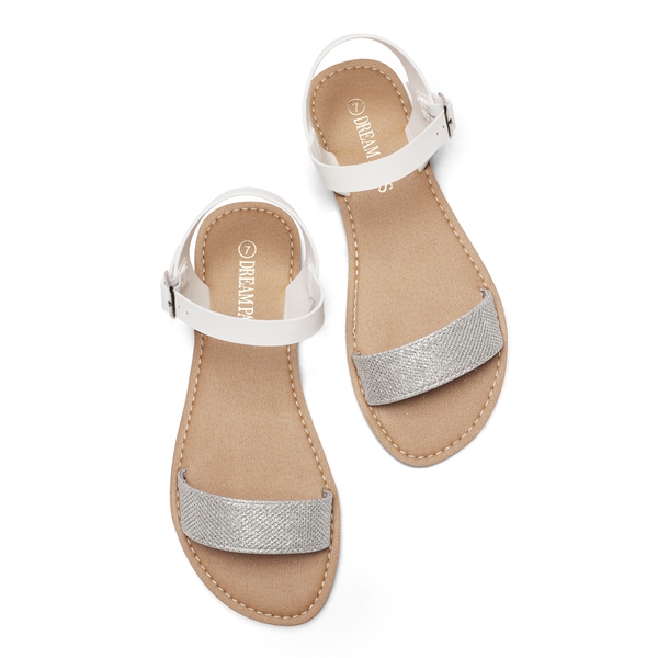 Ankle Strap Open Toe Flat Sandals - SILVER WHITE GLITTER - 3